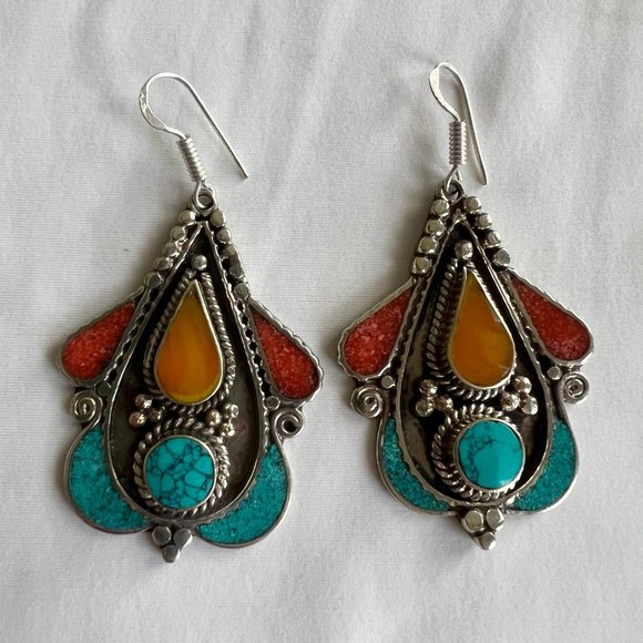 Tribal Boho Style Tibetan Silver Turquoise Coral Copal Amber Inlay Earrings - Picture 7 of 12